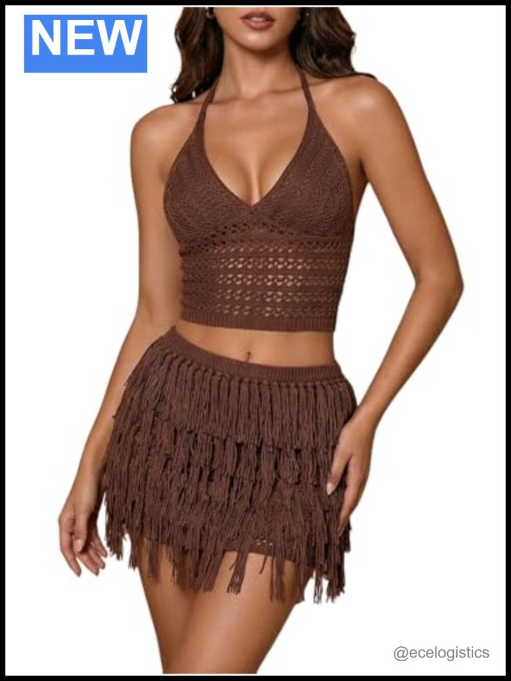 Crochet Halter Crop Top & Fringe Mini Skirt 2-Piece Set Vacation Outfit